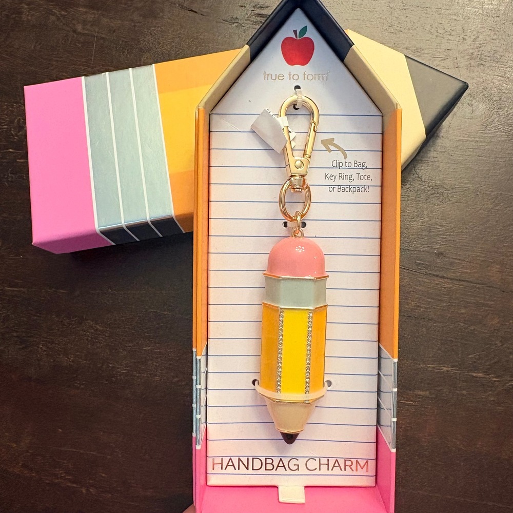 Pencil Handbag Charm Rhinestone Enamel Keychain Back to School Teacher Gift NIB